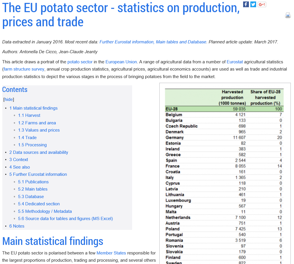 Eurostat potato sector stats page